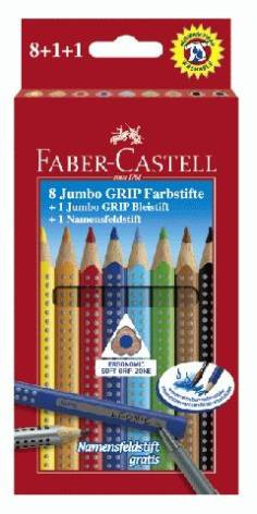Faber-Castell Farbstifte Jumbo Grip 8er Schachtel mit Blei- stift und Namensfeldstift
