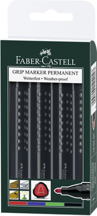 Faber-Castell Permanentmarker Grip 1504 Rundspitze 4er-Etui (rot-blau-grün-schwarz)