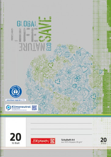 BRUNNEN Schulheft Recycling A4 Lineatur 20 unliniert 16 Blatt Vorderseite