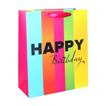Geschenktüte Papier Happy Birthday Motiv - Happy Birthday Schriftzug Silber/Weiß - Größe: L 