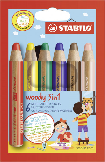 STABILO Buntstift, Wasserfarbe & Wachsmalkreide -  woody 3 in 1 - 6er 