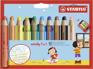 STABILO Buntstift, Wasserfarbe & Wachsmalkreide -  woody 3 in 1 - 10er + Spitzer