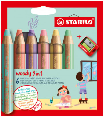 STABILO Buntstift, Wasserfarbe & Wachsmalkreide -  woody 3 in 1 - 6er + Spitzer