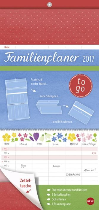 Heye Familienplaner to go 2017 Blumen 5 Spalten mit 2 Zetteltaschen mit
