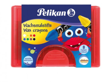 Pelikan Wachsmalstifte wasserfest Kunststoff-Etui rot mit 8 dicken runden Stiften und Schaber