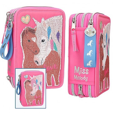 Miss Melody Federmäppchen mit Pferd Streichpailletten 3-Zipp Pink gefüllt 10529
