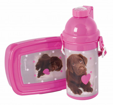 Brotdose und Trinkflasche Set Hund mit Herz rosa von schulsachen.de