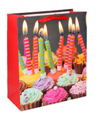Geschenktüte Papier Happy Birthday Motiv - Cupcakes mit Kerzen - Größe: L 