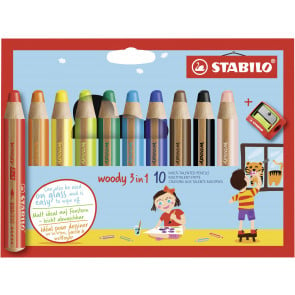 STABILO Buntstift, Wasserfarbe & Wachsmalkreide - woody 3 in 1 - 10er Pack mit Spitzer