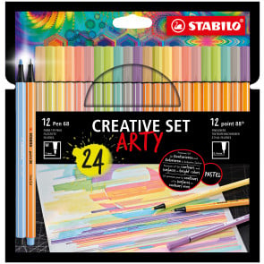 STABILO Fineliner & Premium-Filzstifte - point 88 & Pen 68 - ARTY - 24er Pack - in Pastellfarben - 12x point 88 in 12 Farben, 12x Pen 68 in 12 Farben
