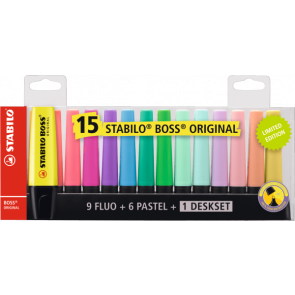 STABILO Textmarker - BOSS ORIGINAL - 15er Tischset - 9 Leuchtfarben, 6 Pastellfarben